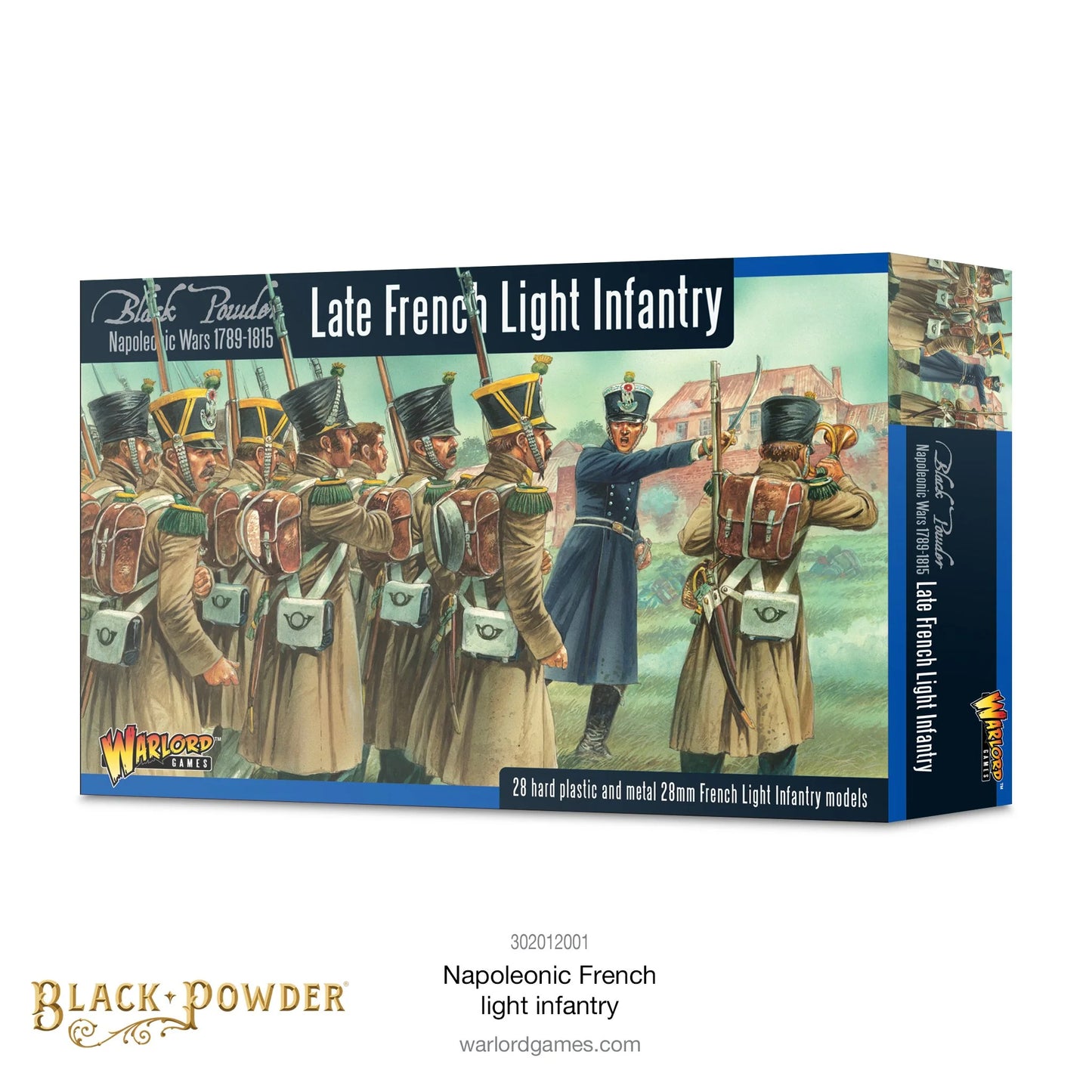 Black Powder Napoleonic French Light Infantry 28mm - pudełko zestawu Late French Light Infantry pod kątem z ilustracją piechoty lekkiej w czarnych czako z żółtymi otokami i brązowych płaszczach prowadzonej przez oficera w niebieskim mundurze - napis 28 hard plastic and metal 28mm French Light Infantry models Black Powder Napoleonic Wars 1789-1815 - Warlord Games 302012001 - warlordgames.com
