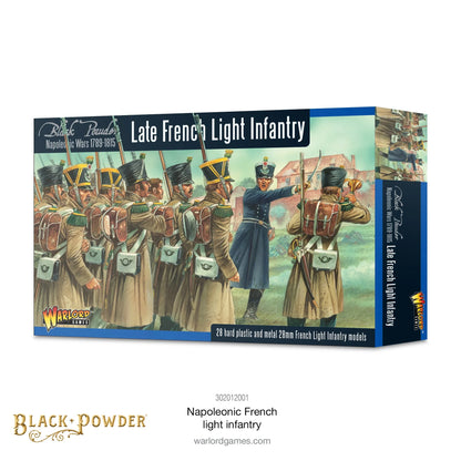 Black Powder Napoleonic French Light Infantry 28mm - pudełko zestawu Late French Light Infantry pod kątem z ilustracją piechoty lekkiej w czarnych czako z żółtymi otokami i brązowych płaszczach prowadzonej przez oficera w niebieskim mundurze - napis 28 hard plastic and metal 28mm French Light Infantry models Black Powder Napoleonic Wars 1789-1815 - Warlord Games 302012001 - warlordgames.com
