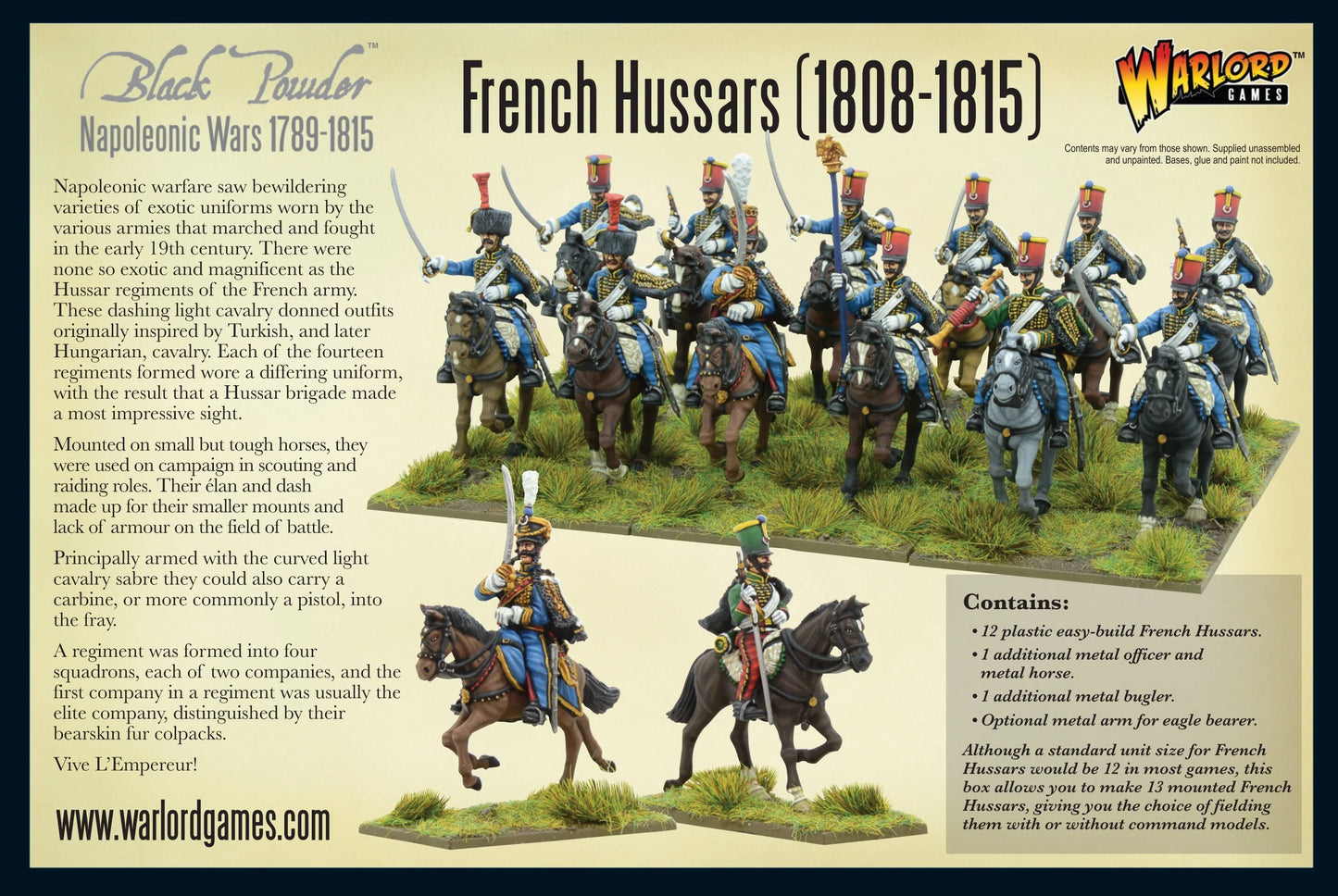 Black Powder: French Hussars 1808–1815 – tył pudełka: opis zestawu po angielsku, 12 pomalowanych figurek huzarów w niebieskich mundurach na zielonej podstawce oraz metalowy oficer i tr\u0119bacz, lista zawartości zestawu, logo Warlord Games i Black Powder Napoleonic Wars
