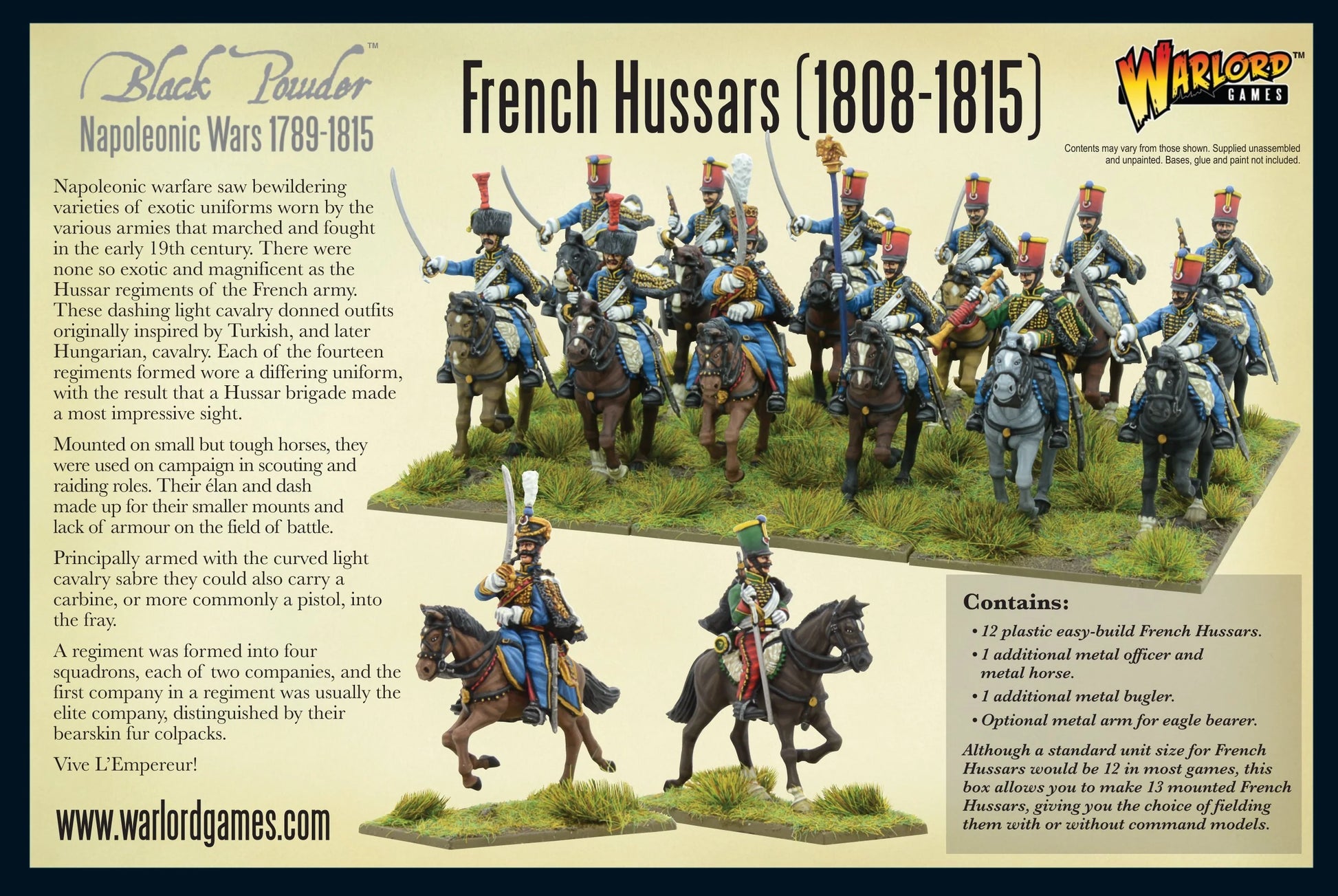Black Powder: French Hussars 1808–1815 – tył pudełka: opis zestawu po angielsku, 12 pomalowanych figurek huzarów w niebieskich mundurach na zielonej podstawce oraz metalowy oficer i tr\u0119bacz, lista zawartości zestawu, logo Warlord Games i Black Powder Napoleonic Wars
