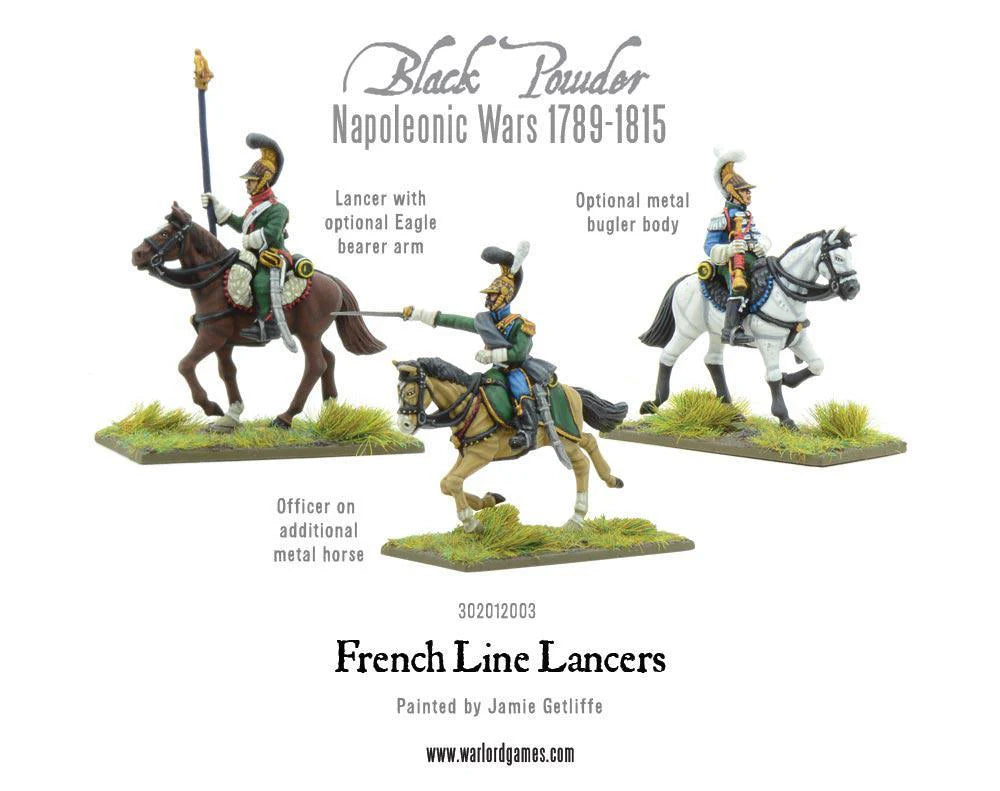French Line Lancers WGN-FR-13 – trzy figurki dowódcze: chorąży z orłem, oficer na metalowym koniu i trąbacz, plastikowy zestaw 28mm Black Powder
