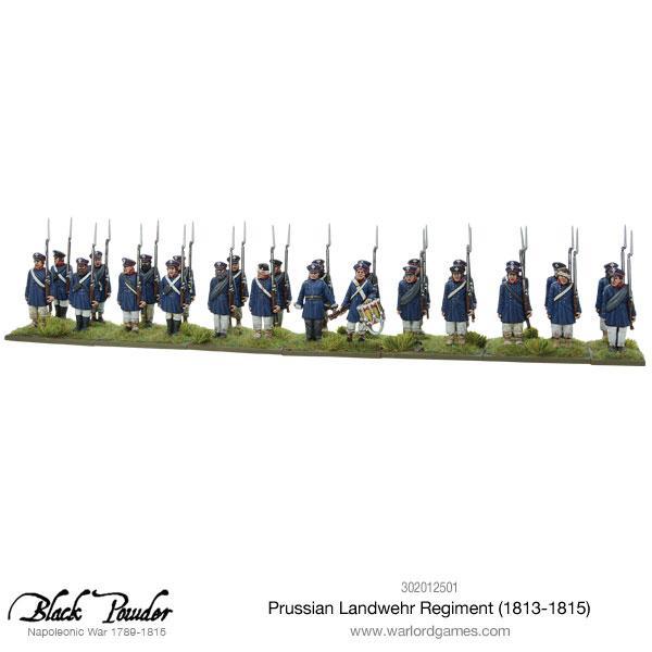 Prussian Landwehr Regiment 1813-1815 302012501 – pełny oddział 24 figurek pruskiej milicji w szyku liniowym z bębniarzem i dowództwem, 28mm Black Powder Warlord Games
