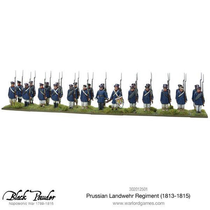 Prussian Landwehr Regiment 1813-1815 302012501 – pełny oddział 24 figurek pruskiej milicji w szyku liniowym z bębniarzem i dowództwem, 28mm Black Powder Warlord Games
