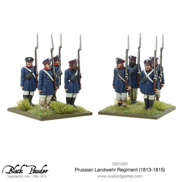 Prussian Landwehr Regiment 1813-1815 302012501 – dwie grupy figurek pruskiej milicji z przodu, widok detali mundurów i czapek, 28mm Black Powder

