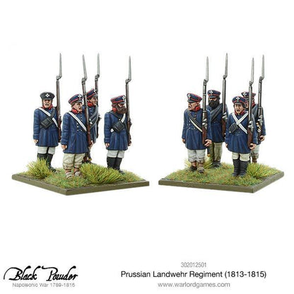 Prussian Landwehr Regiment 1813-1815 302012501 – dwie grupy figurek pruskiej milicji z przodu, widok detali mundurów i czapek, 28mm Black Powder
