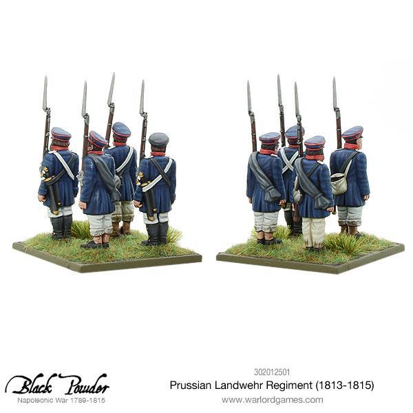 Prussian Landwehr Regiment 1813-1815 302012501 – dwie grupy figurek pruskiej milicji z tyłu, widok tornistrów i ekwipunku, 28mm Black Powder Warlord Games
