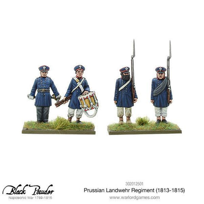 Prussian Landwehr Regiment 1813-1815 302012501 – zbliżenie na grupę figurek pruskiej milicji Landwehr, detale twarzy i wyposażenia, 28mm Black Powder Warlord Games
