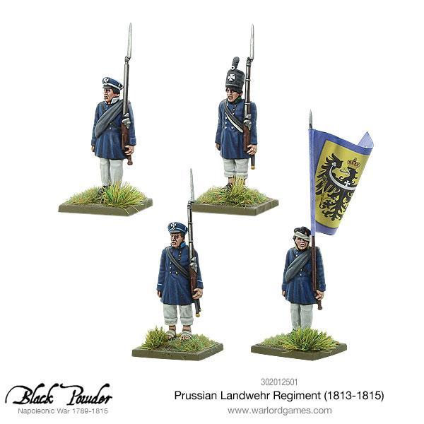 Prussian Landwehr Regiment 1813-1815 302012501 – figurki pruskiej milicji Landwehr z dowódcą i oficerem, detale mundurów i odznak, 28mm Black Powder Warlord Games
