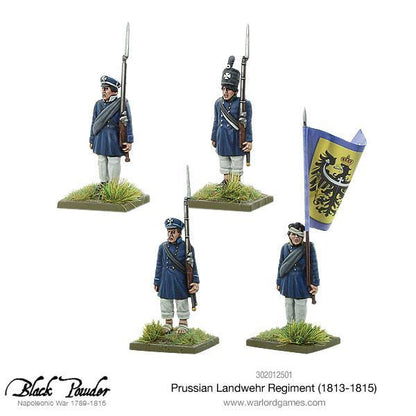 Prussian Landwehr Regiment 1813-1815 302012501 – figurki pruskiej milicji Landwehr z dowódcą i oficerem, detale mundurów i odznak, 28mm Black Powder Warlord Games
