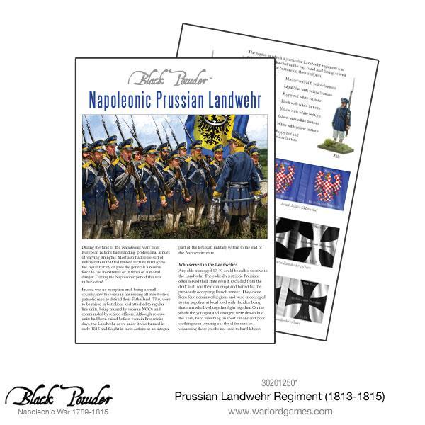 Pudełko zestawu Prussian Landwehr Regiment 1813-1815 – 26 twardych plastikowych i metalowych figurek 28mm napoleońskiej pruskiej piechoty Landwehr, Warlord Games Black Powder
