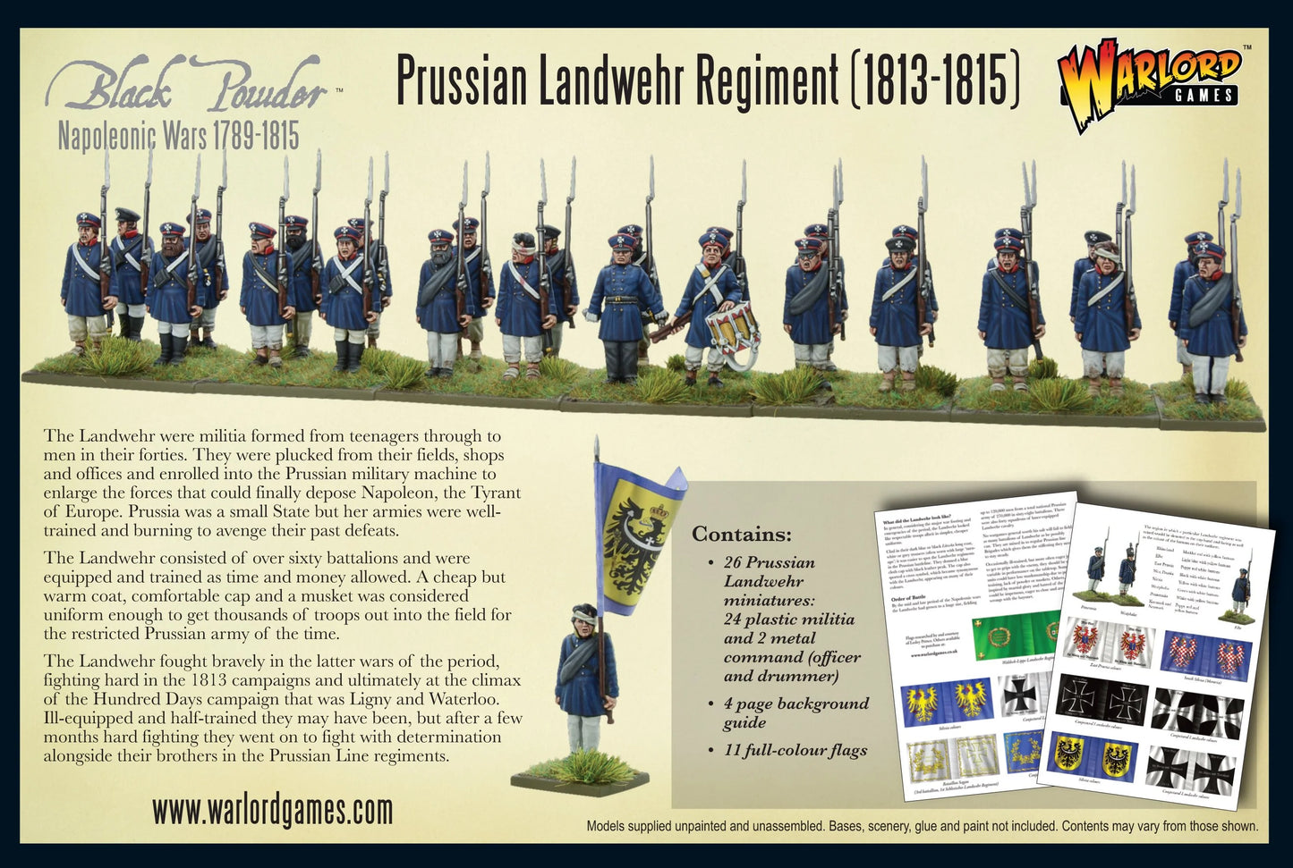 Tył pudełka Prussian Landwehr Regiment 1813-1815 – opis zestawu, zawartość 26 figurek, 11 flag i przewodnik historyczny, Warlord Games Black Powder 28mm

