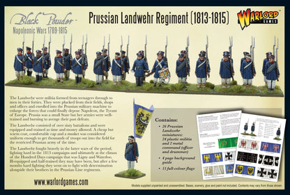 Tył pudełka Prussian Landwehr Regiment 1813-1815 – opis zestawu, zawartość 26 figurek, 11 flag i przewodnik historyczny, Warlord Games Black Powder 28mm
