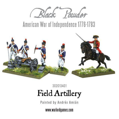 Field Artillery AWI 302013401 – kontynentalna obsługa armaty: 3 artylerzystów przy dziale, Molly Pitcher z drągiem i figurka poległego żołnierza, 28mm Black Powder American War of Independence
