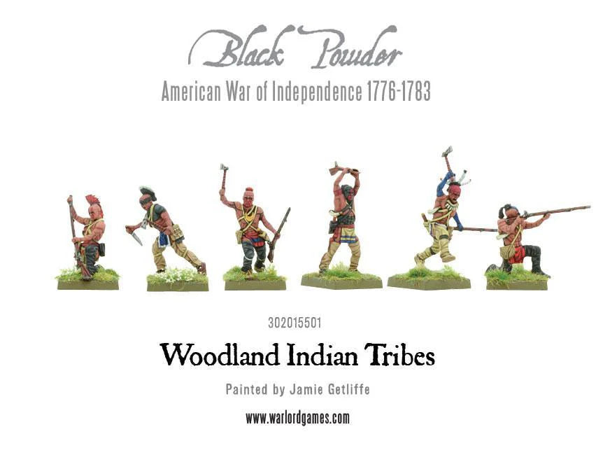 Woodland Indian Tribes 302015501 – sześć pomalowanych figurek indiańskich wojowników w różnych pozach: z tomahawkiem, muszkietem i włócznią, kolorowe malunki wojenne na ciałach, 28mm Black Powder AWI
