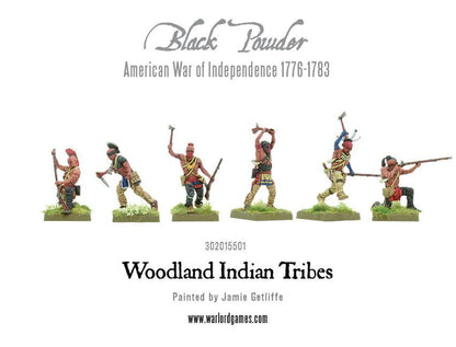 Woodland Indian Tribes 302015501 – sześć pomalowanych figurek indiańskich wojowników w różnych pozach: z tomahawkiem, muszkietem i włócznią, kolorowe malunki wojenne na ciałach, 28mm Black Powder AWI

