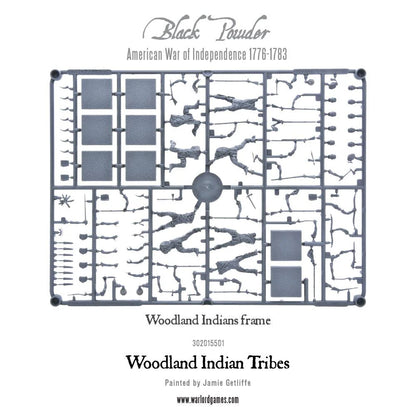 Woodland Indian Tribes 302015501 – szara ramka plastikowa Woodland Indians Frame z tułowiami, głowami, tomahawkami, muszkietami i akcesoriami, zestaw do montażu 28mm Black Powder
