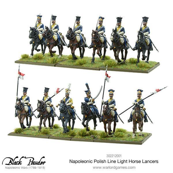 Napoleonic Polish Line Light Horse Lancers 302212001 – dwa rzędy po 6 figurek polskich lansjerów lekkokonnych z przodu i z tyłu, niebieskie mundury z żółtymi wyłożeniami, 28mm Black Powder Warlord Games
