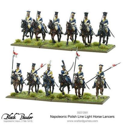 Napoleonic Polish Line Light Horse Lancers 302212001 – dwa rzędy po 6 figurek polskich lansjerów lekkokonnych z przodu i z tyłu, niebieskie mundury z żółtymi wyłożeniami, 28mm Black Powder Warlord Games
