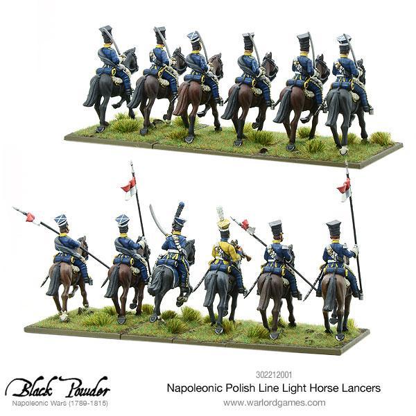 Napoleonic Polish Line Light Horse Lancers 302212001 – dwa rzędy po 6 figurek polskich lansjerów, widok z tyłu z detalami płaszczów i proporczyków lanc, 28mm Black Powder Warlord Games
