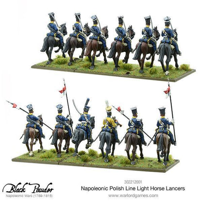 Napoleonic Polish Line Light Horse Lancers 302212001 – dwa rzędy po 6 figurek polskich lansjerów, widok z tyłu z detalami płaszczów i proporczyków lanc, 28mm Black Powder Warlord Games
