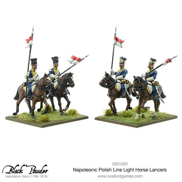 Napoleonic Polish Line Light Horse Lancers 302212001 – dwie pary figurek polskich lansjerów z lancami i czerwono-białymi proporczykami, zbliżenie na detale mundurów, 28mm Black Powder
