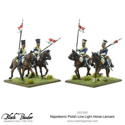 Napoleonic Polish Line Light Horse Lancers 302212001 – dwie pary figurek polskich lansjerów z lancami i czerwono-białymi proporczykami, zbliżenie na detale mundurów, 28mm Black Powder
