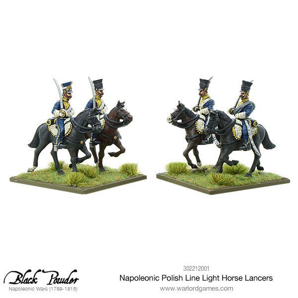 Napoleonic Polish Line Light Horse Lancers 302212001 – dwie figurki dowódcze: oficer z szablą i trąbacz na ciemnych koniach, zbliżenie na detale mundurów, 28mm Black Powder Warlord Games
