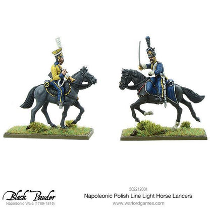 Napoleonic Polish Line Light Horse Lancers 302212001 – trąbacz w żółtym mundurze i oficer w niebieskim mundurze z szablą na czarnych koniach, dwie pomalowane figurki dowódcze 28mm Black Powder
