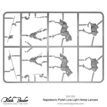 Napoleonic Polish Line Light Horse Lancers 302212001 – szara ramka plastikowa z 4 figurkami lansjerów lekkokonnych z lancami i końmi, zestaw do samodzielnego montażu 28mm

