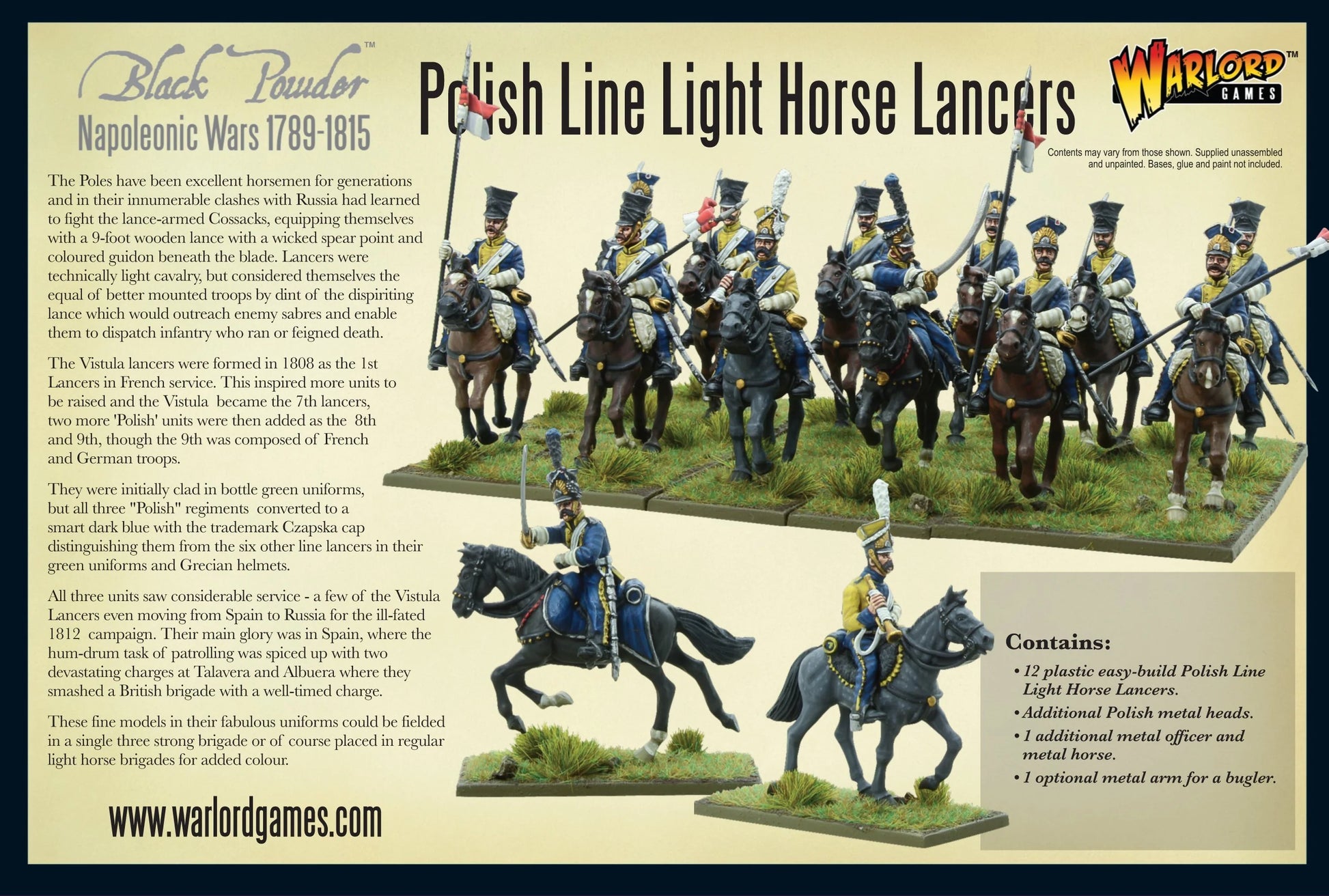 Tył pudełka Napoleonic Polish Line Light Horse Lancers – opis historyczny jednostki, zawartość zestawu i pomalowane figurki szwadronu, Warlord Games Black Powder 28mm

