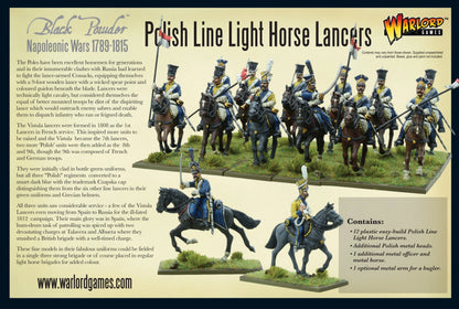 Tył pudełka Napoleonic Polish Line Light Horse Lancers – opis historyczny jednostki, zawartość zestawu i pomalowane figurki szwadronu, Warlord Games Black Powder 28mm
