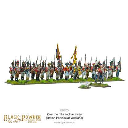 O'er the hills and far away 302411004 – widok z przodu oddziału brytyjskich weteranów półwyspu z flagami i dowództwem, Black Powder Napoleonic Wars 1789-1815
