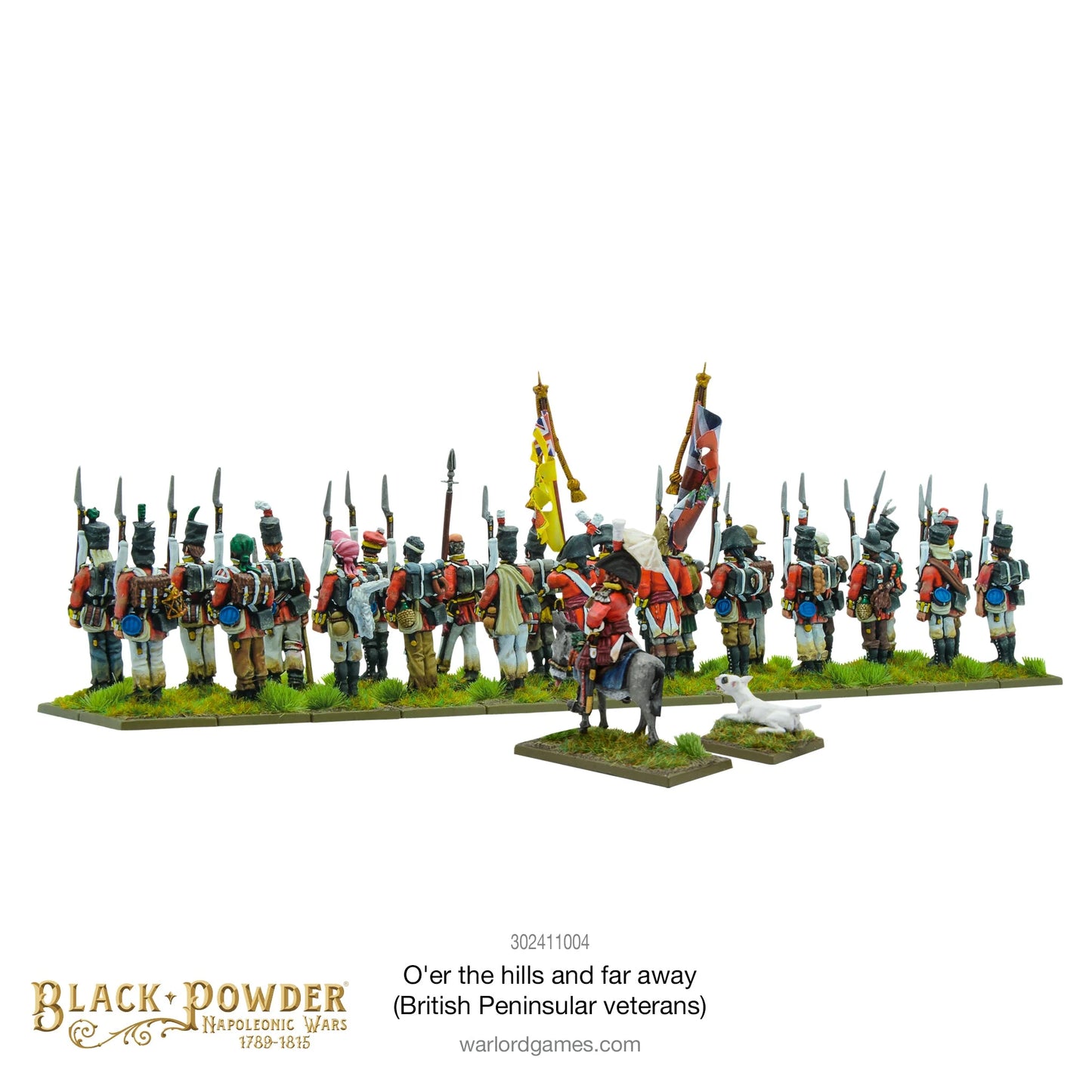 O'er the hills and far away 302411004 – widok z tyłu oddziału brytyjskich weteranów półwyspu z pełnym ekwipunkiem i flagami, Black Powder Napoleonic Wars 28mm
