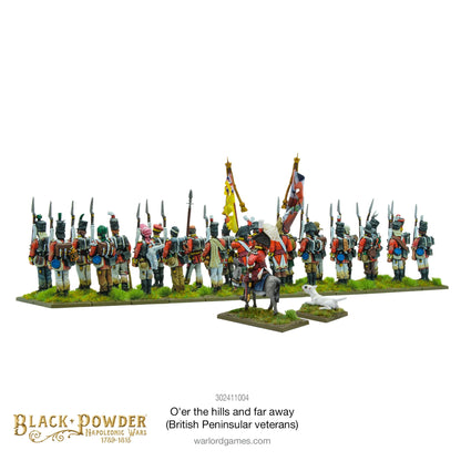 O'er the hills and far away 302411004 – widok z tyłu oddziału brytyjskich weteranów półwyspu z pełnym ekwipunkiem i flagami, Black Powder Napoleonic Wars 28mm

