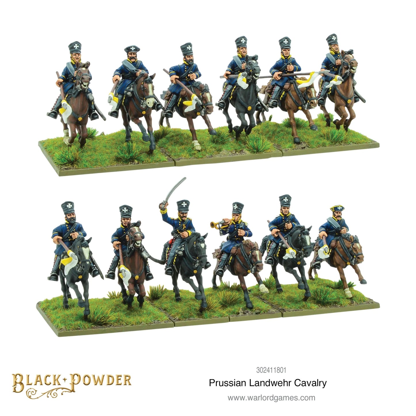 Prussian Landwehr Cavalry 302411801 – dwa rzędy po 6 figurek pruskiej kawalerii milicji z lancami i szablami, widok z przodu i z tyłu, 28mm Black Powder
