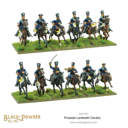 Prussian Landwehr Cavalry 302411801 – dwa rzędy po 6 figurek pruskiej kawalerii milicji z lancami i szablami, widok z przodu i z tyłu, 28mm Black Powder
