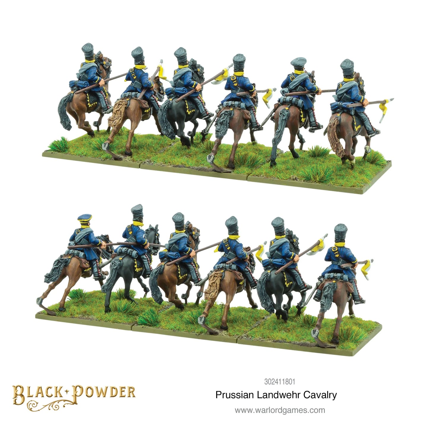 Prussian Landwehr Cavalry 302411801 – dwa rzędy po 6 figurek pruskiej kawalerii milicji, widok z tyłu z detalami tornistrów i proporczyków lanc, 28mm Black Powder Warlord Games
