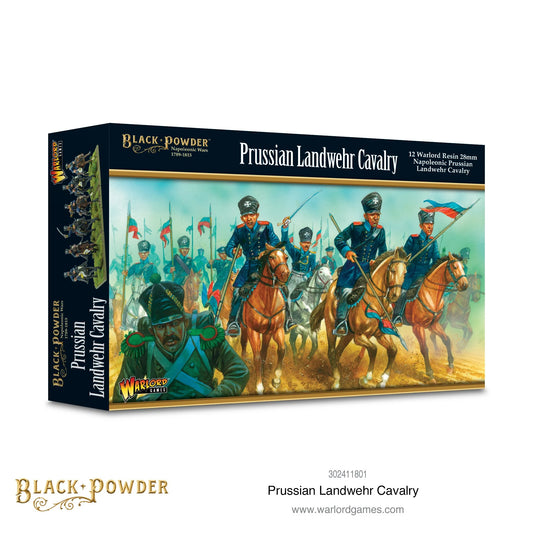 Pudełko zestawu Prussian Landwehr Cavalry – Black Powder Napoleonic Wars 1789-1815, 12 figurek z żywicy Warlord 28mm pruskiej kawalerii Landwehr, Warlord Games
