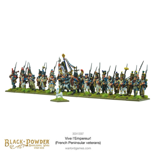 Black Powder Vive l'Empereur French Peninsular Veterans 28mm - widok z przodu pomalowanej podstawki z 24 weteranami w niebieskich mundurach z kolorowym i zróżnicowanym ekwipunkiem, w centrum chorąży z trójkolorową flagą z złotym orłem, przed podstawką biały pudel Fifi na osobnej podstawce - Warlord Games 302412007 - warlordgames.com
