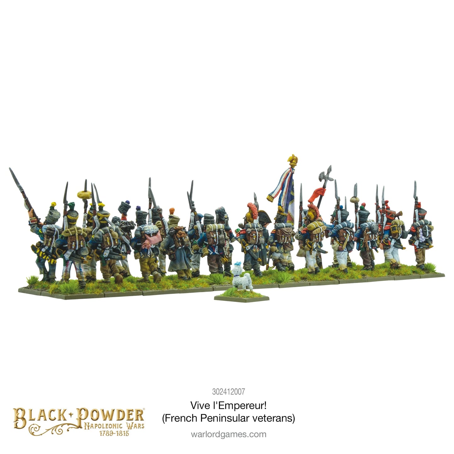 Black Powder Vive l'Empereur French Peninsular Veterans 28mm - widok z tyłu pomalowanej podstawki z 24 weteranami w niebieskich mundurach z brązowymi plecakami i różnorodnym ekwipunkiem, w centrum chorąży z trójkolorową flagą z złotym orłem, przed podstawką biały pudel Fifi na osobnej podstawce - Warlord Games 302412007 - warlordgames.com
