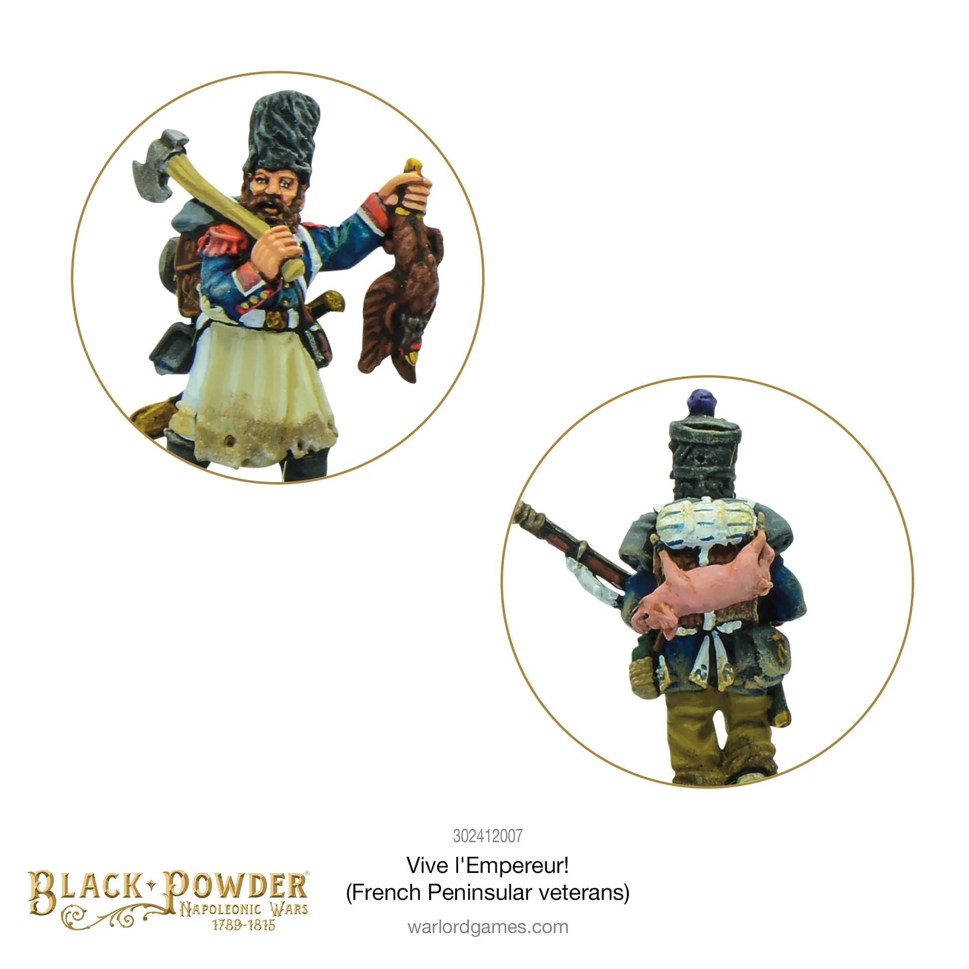 Black Powder Vive l'Empereur French Peninsular Veterans 28mm - dwa zbliżenia w złotych okręgach: lewe - brodaty saper w niebieskim mundurze z białym fartuchem skórzanym trzymający topór bojowy i upolowanego ptaka, prawe - widok z tyłu żołnierza w niebieskim mundurze z plecakiem i przywiązaną różową świnią - Warlord Games 302412007 - warlordgames.com
