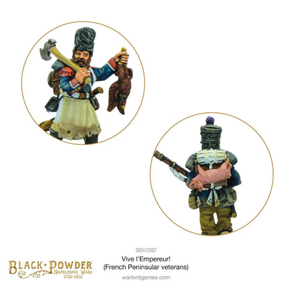Black Powder Vive l'Empereur French Peninsular Veterans 28mm - dwa zbliżenia w złotych okręgach: lewe - brodaty saper w niebieskim mundurze z białym fartuchem skórzanym trzymający topór bojowy i upolowanego ptaka, prawe - widok z tyłu żołnierza w niebieskim mundurze z plecakiem i przywiązaną różową świnią - Warlord Games 302412007 - warlordgames.com

