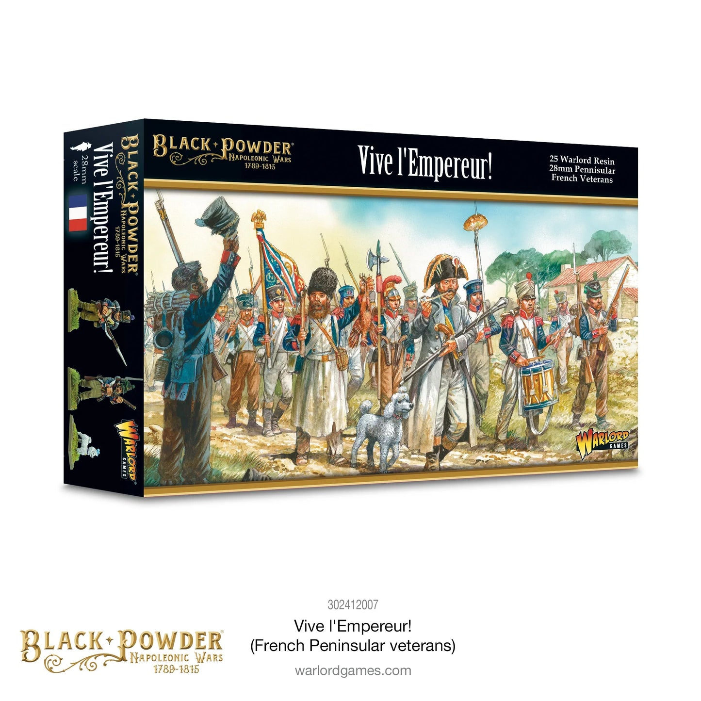 Black Powder Vive l'Empereur French Peninsular Veterans 28mm - pudełko zestawu pod kątem z ilustracją przedstawiającą grupę weteranów Półwyspu Iberyjskiego w różnorodnych mundurach i nakryciach głowy maszerujących z flagą i bębnem, w centrum biały pudel Fifi - napis Vive l'Empereur! 25 Warlord Resin 28mm Peninsular French Veterans Black Powder Napoleonic Wars 1789-1815 - Warlord Games 302412007 - warlordgames.com
