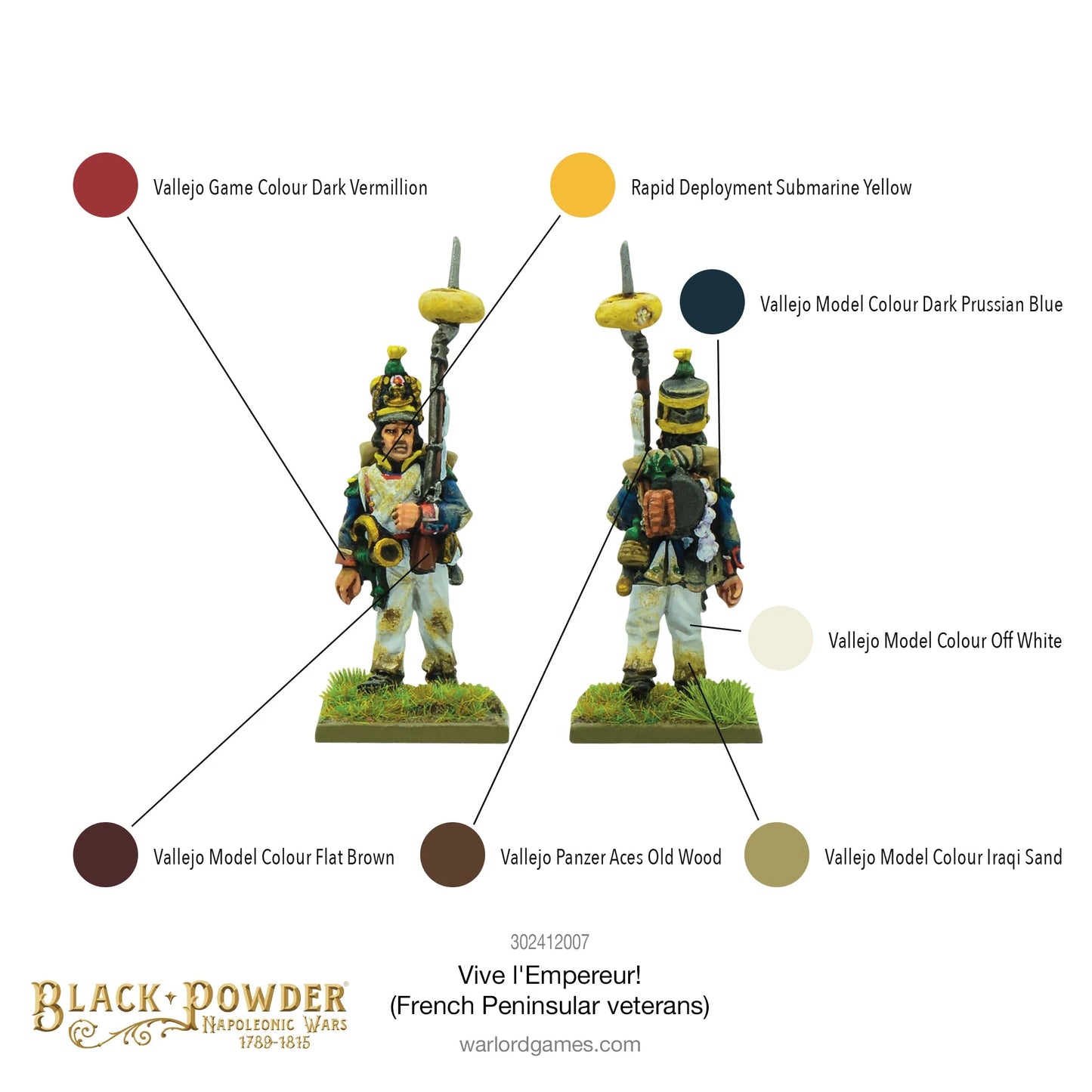 Black Powder Vive l'Empereur French Peninsular Veterans 28mm - paleta farb Vallejo do malowania zestawu z dwiema pomalowanymi figurkami (przód i tył): Vallejo Game Colour Dark Vermillion, Rapid Deployment Submarine Yellow, Vallejo Model Colour Dark Prussian Blue, Off White, Flat Brown, Panzer Aces Old Wood, Iraqi Sand - Warlord Games 302412007 - warlordgames.com
