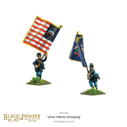 Infantry Regiment Charging 302414001 – dwie figurki chorążych Unii w natarciu: żołnierz z flagą Stars and Stripes i żołnierz z niebieską flagą stanową z orłem, ciemnoniebieskie mundury, 28mm Black Powder ACW
