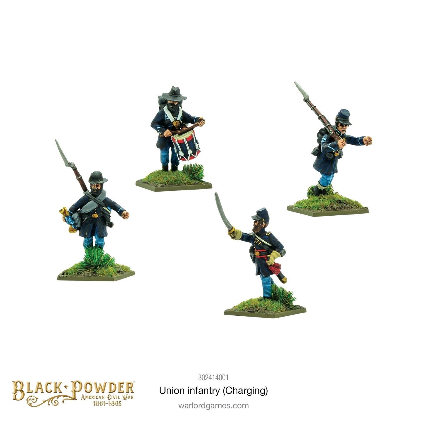 Infantry Regiment Charging 302414001 – cztery figurki dowództwa Unii w natarciu: oficer z szablą, bębniarz, sierżant z bagnetem i oficer wskazujący kierunek, ciemnoniebieskie mundury, 28mm Black Powder ACW
