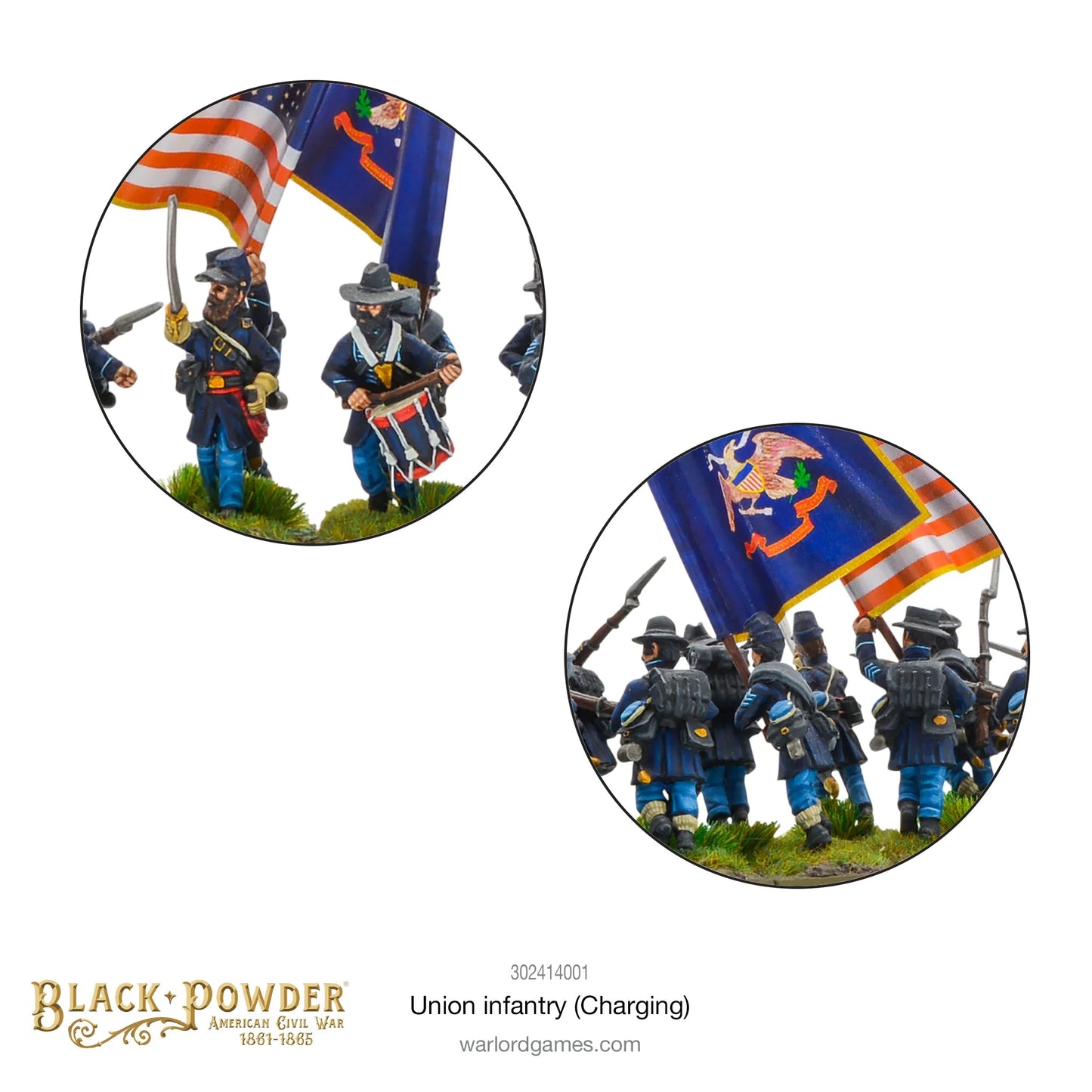 Infantry Regiment Charging 302414001 – zbliżenie na dowództwo Unii w natarciu: oficer z szablą i bębniarz z flagami Stars and Stripes i stanową w tle, 28mm Black Powder ACW
