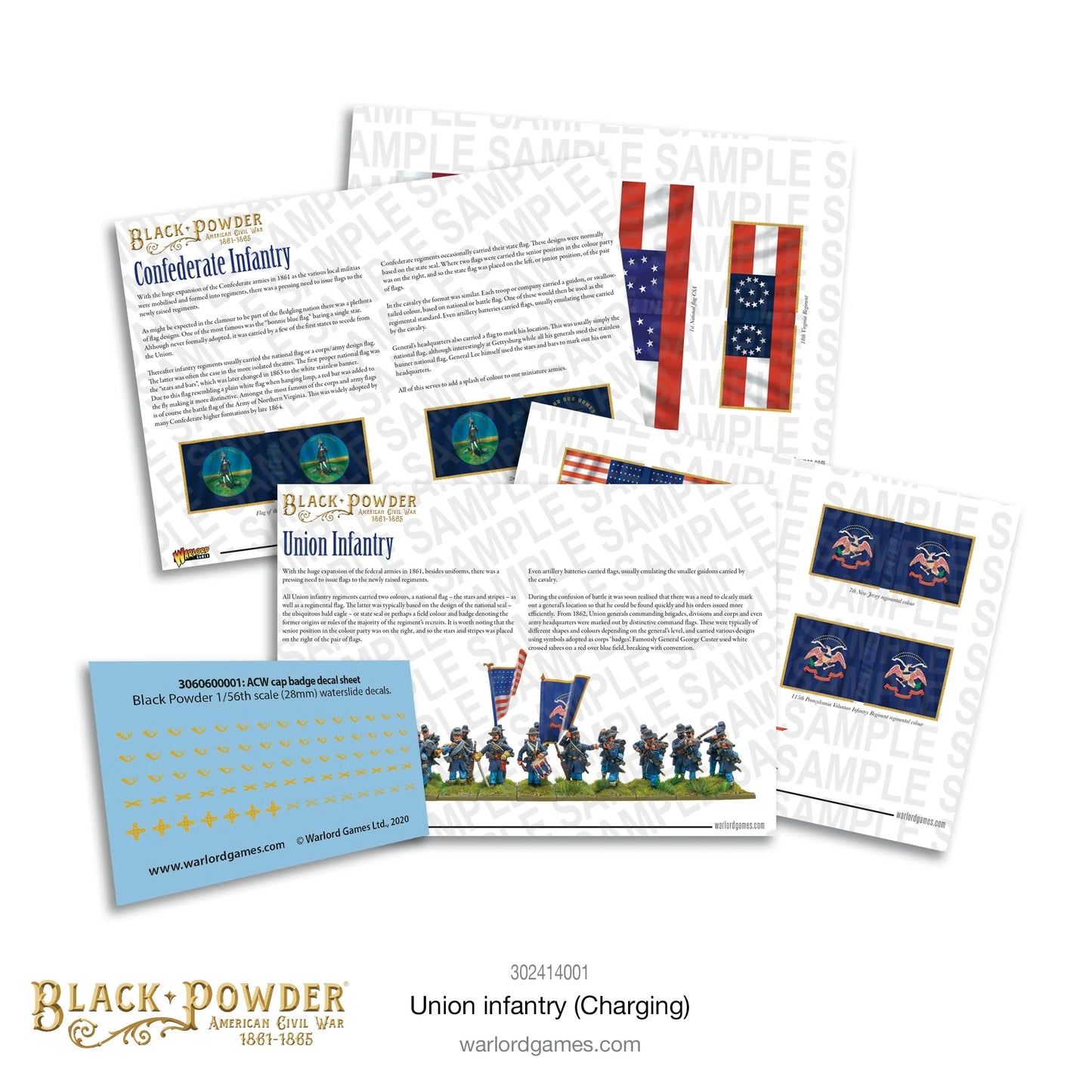 Infantry Regiment Charging 302414001 – arkusze flag Unii i Konfederacji, przewodnik historyczny i arkusz naklejek ACW cap badge decal sheet 3060600001, Black Powder American Civil War 1861-1865
