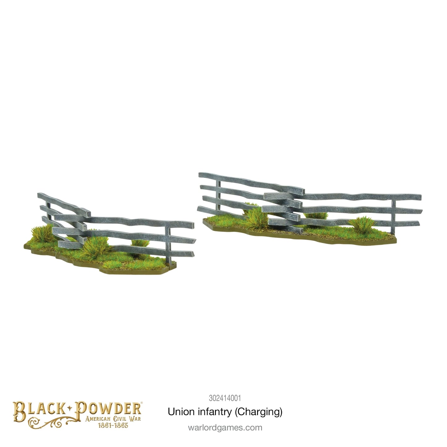 Infantry Regiment Charging 302414001 – dwa elementy scenerii MDF Snake Fence, szare drewniane płotki węzłowe na trawiastych podstawkach z kępkami trawy, osłona terenowa do gier bitewnych 28mm Black Powder ACW

