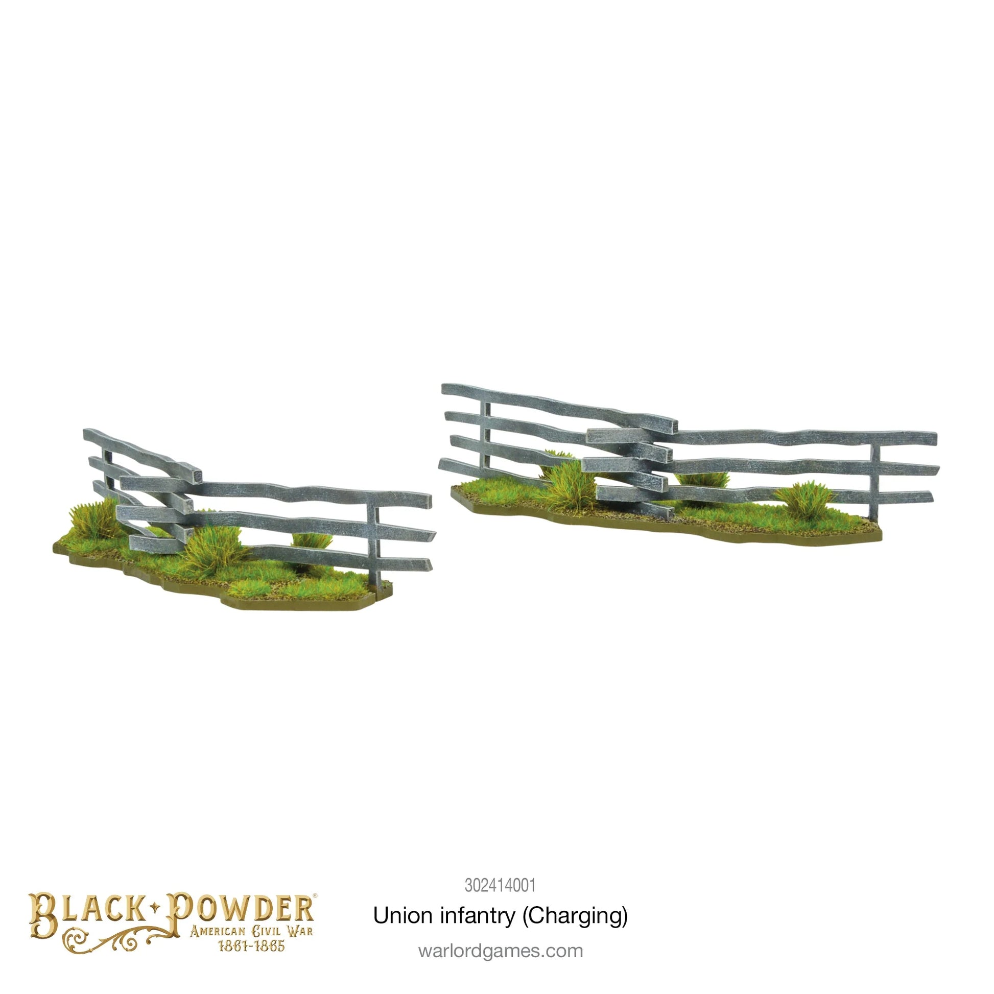 Infantry Regiment Charging 302414001 – dwa elementy scenerii MDF Snake Fence, szare drewniane płotki węzłowe na trawiastych podstawkach z kępkami trawy, osłona terenowa do gier bitewnych 28mm Black Powder ACW
